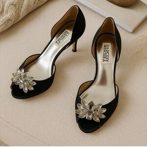 BADGLEY MISCHKA BLACK SATIN D’ORSAY OPEN TOE RHINESTONE EMBELLISHED HEELS 6.5M